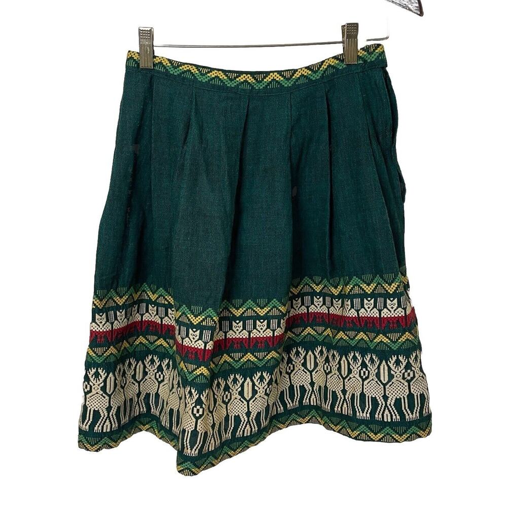 VTG 60s/70s Mexican Folk Pleated Reindeer Embroidered Skirt Green Sz 2 / 26”